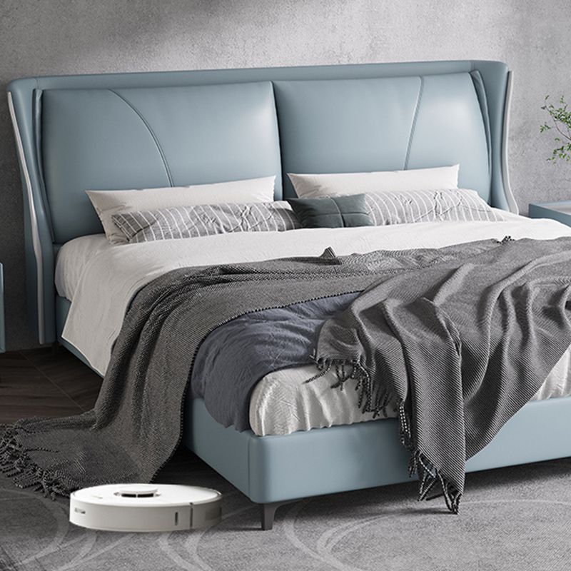 Moderne echte Lederpanel -Bettkiefernholzbett mit gepolstertem Kopfteil