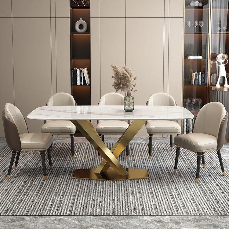 Contemporary Dining Set Rectangular Dining Table with X-shaped Metal Shelf Clearhalo 'Dining Room Sets' 'Dining Tables & Seating' 'dining_room_set' 'furn' 'furn_dining_room_set' 'Furniture' 'furniture_dining_room_set' 'Kitchen & Dining Furniture' 'kitchen&dining_furn' 'kitchen' 1200x1200_c467f628-d5a8-4058-bb80-e68383e4d431