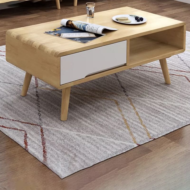 Mesa de centro individual rectangular de madera maciza contemporánea con estante de almacenamiento