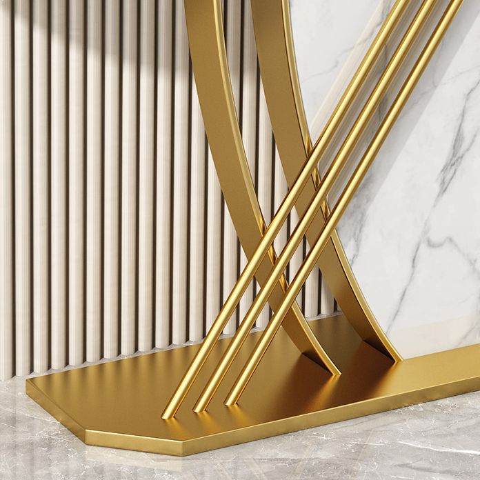 Stone Half Moon Accent Table with Iron Pedestal Base for Hall