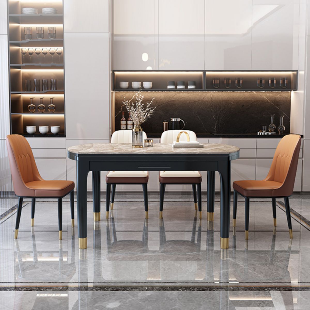 Modern Round Extendable Dining Table Stone Tabletop with Black Wood Legs Clearhalo 'Dining Tables & Seating' 'Dining Tables' 'dining_table' 'furn' 'furn_dining_table' 'Furniture' 'Kitchen & Dining Furniture' 1200x1200_c4a46e09-ae24-43ad-aee2-0f8e1ce949dc