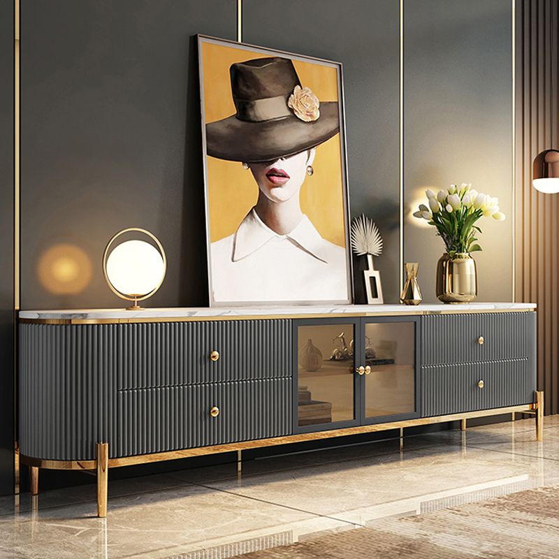 Glam Stone Top 4-Drawer TV Stand White/ Gray TV Console with Glass Doors Clearhalo 'furn' 'furn_tv_stands_entertainment_centers' 'Furniture' 'Living Room Furniture' 'TV Stands & Entertainment Centers' 'TV Stands & Media Storage Furniture' 'tv_stands_entertainment_centers' 1200x1200_c4a9d716-34c0-4330-a513-a553ce6fe61a