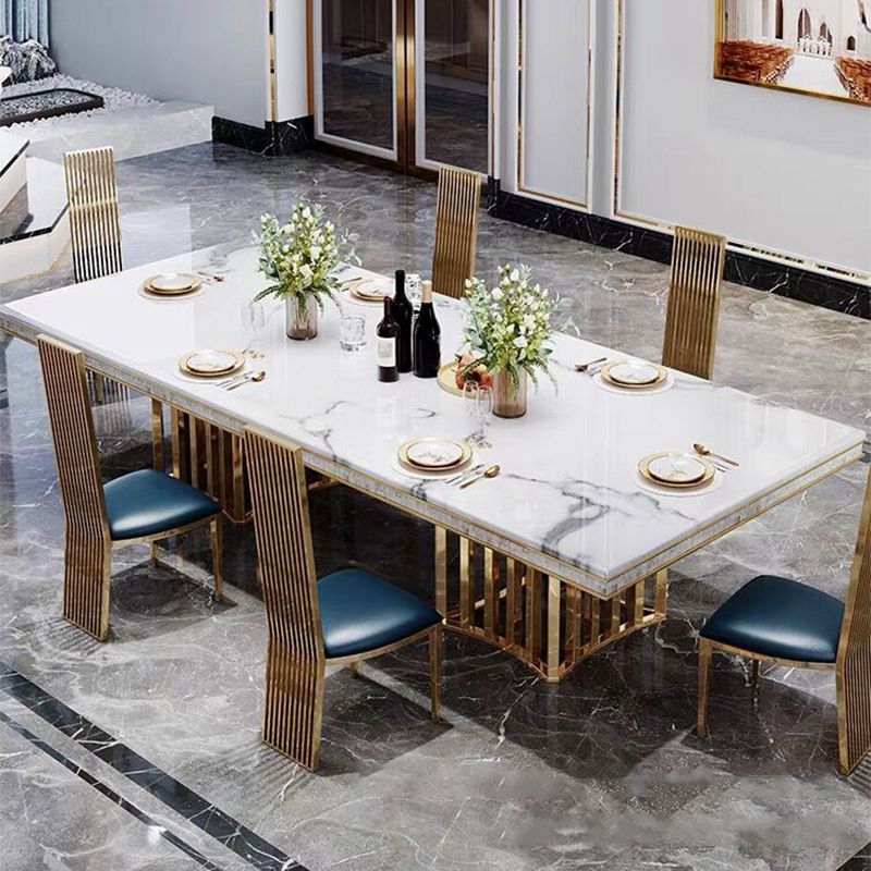 Traditional Luxury Marble Dining Table Rectangle Table with Metal Double Pedestal in Gold Clearhalo ' dining_table' 'Dining Tables & Seating' 'Dining Tables' 'furn' 'furn_dining_table' 'Furniture' 'furniture_dining_table' 'Kitchen & Dining Furniture' 'kitchen&dining_furn' 'kitchen' 'kitchen_dining_table' 1200x1200_c4c03479-e247-47f4-9df9-8ac55f425c44