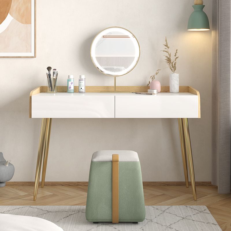 Glam 2-drawer Slate Top Dressing Table 32.67" H Vanity Stool in White Clearhalo 'Bedroom Furniture' 'furn' 'furn_makeup_vanities' 'Furniture' 'Makeup Vanities' 'makeup_vanities' 1200x1200_c4f9a22d-88c0-49a8-b5af-14ea29df58f6