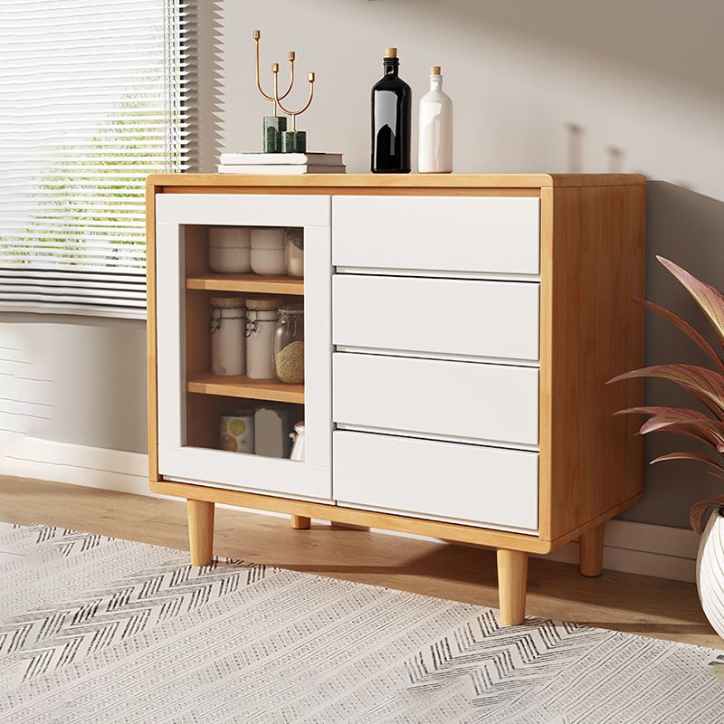 Modern Glass Doors Server Rubberwood Solid Wood 4 Drawers Buffet Table,16" W X 31" H