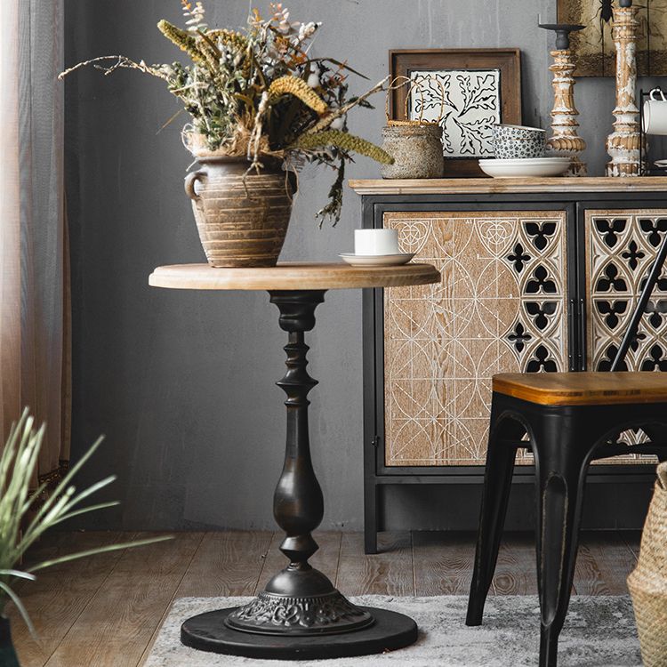 Wood Round Top Side Table Metal Base End Table - Distressed Surface Treatment