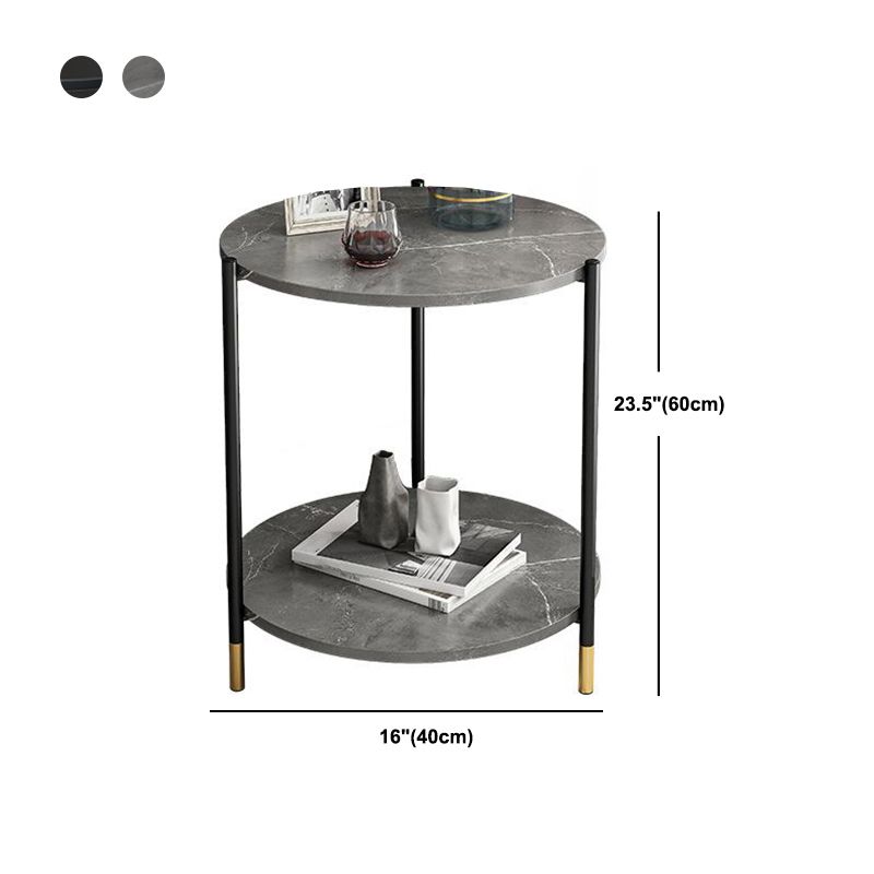 Faux Stone Round End Table Shelf Included Side Table in Black/Grey