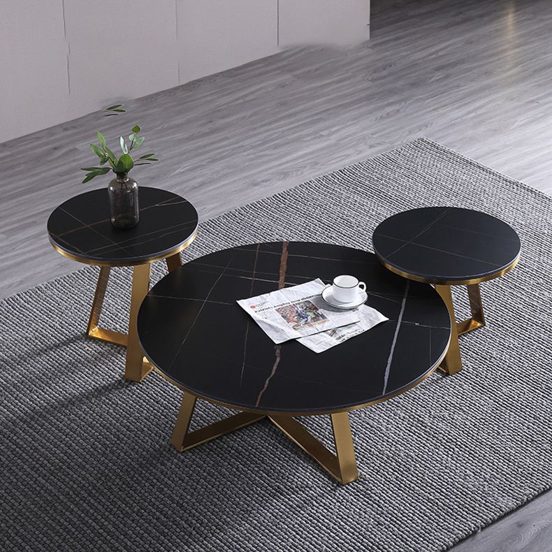 Black Round Slate Coffee Table Luxurious Steel Frame Cocktail Table
