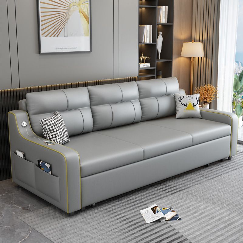 Contemporary Grey Bonded Leather Sleeper Sofa with Box and Cushion Back Clearhalo 'furn' 'furn_futons' 'Furniture' 'Futons & Daybeds' 'Futons' 'Living Room Furniture' 1200x1200_c59375c3-71fa-4238-8f65-4ebf790198a8
