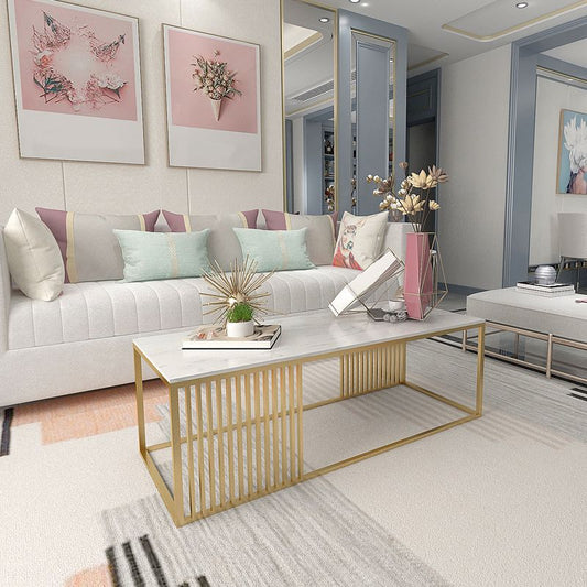 Tavolino rettangolo in stile glam con top in marmo e base di cornice di ferro