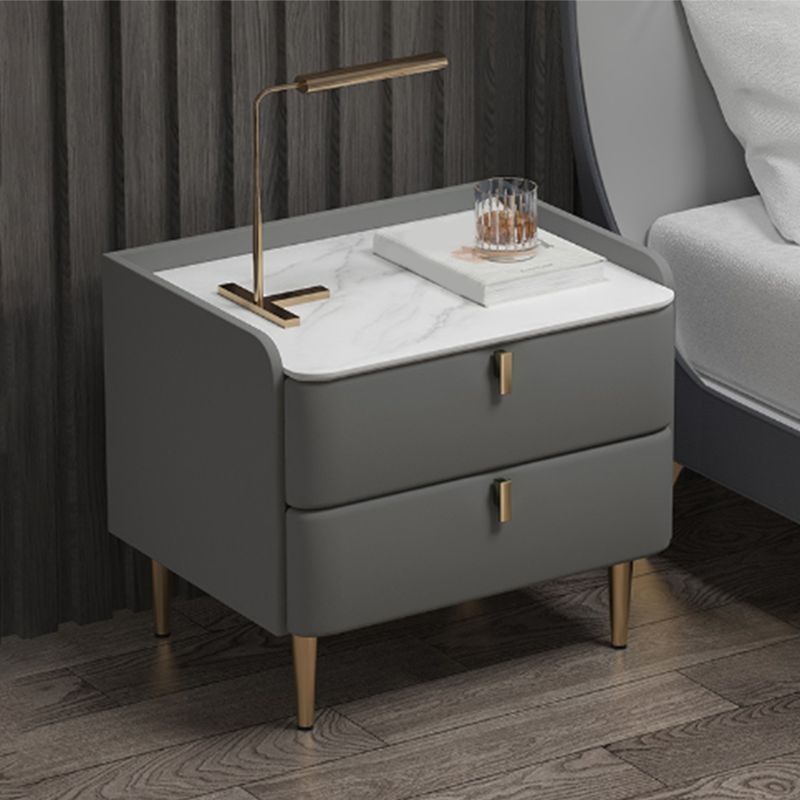 Massivholz Rahmen zwei Schubladen Ledergrau/Khaki/Beige/Blau Gold Tischbein Nachttisch