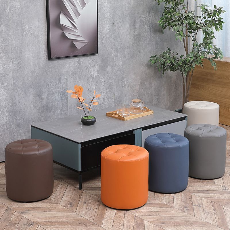Modern Plain Ottoman Water Resistant Faux Leather Tufted Round Stool Ottoman