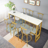 Glam Rectangle Stone Pub Bar Table Gold Iron Bar Dining Table with Trestle Pedestal Clearhalo 'Bar Furniture' 'Bar Tables' 'bar_tables' 'furn' 'furn_bar_tables' 'Furniture' 'furniture_bar_tables' 'Kitchen & Dining Furniture' 1200x1200_c5d5f629-0cd1-4de7-a2d6-a12a0ca8c365