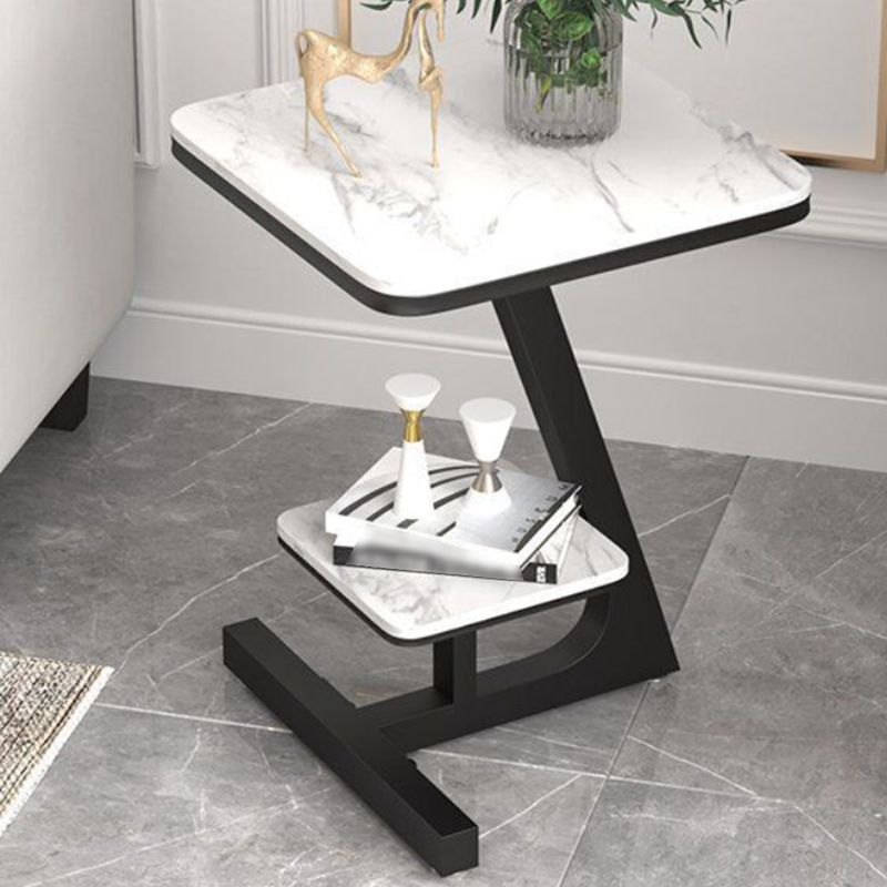 Modern Square Marble Top End Table Two-Tier Side Table with Iron Frame