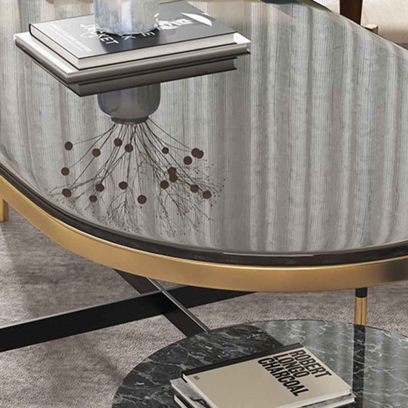 17.7" Tall Modern Metal Cross Leg Base Glass Oval Coffee Table with Shelf Clearhalo 'Coffee & Accent Tables' 'Coffee Tables' 'coffee_tables' 'furn' 'furn_coffee_tables' 'Furniture' 'furniture_coffee_tables' 'Living Room Furniture' 1200x1200_c61b10fe-5eb8-4fcb-a91b-6180d756275d