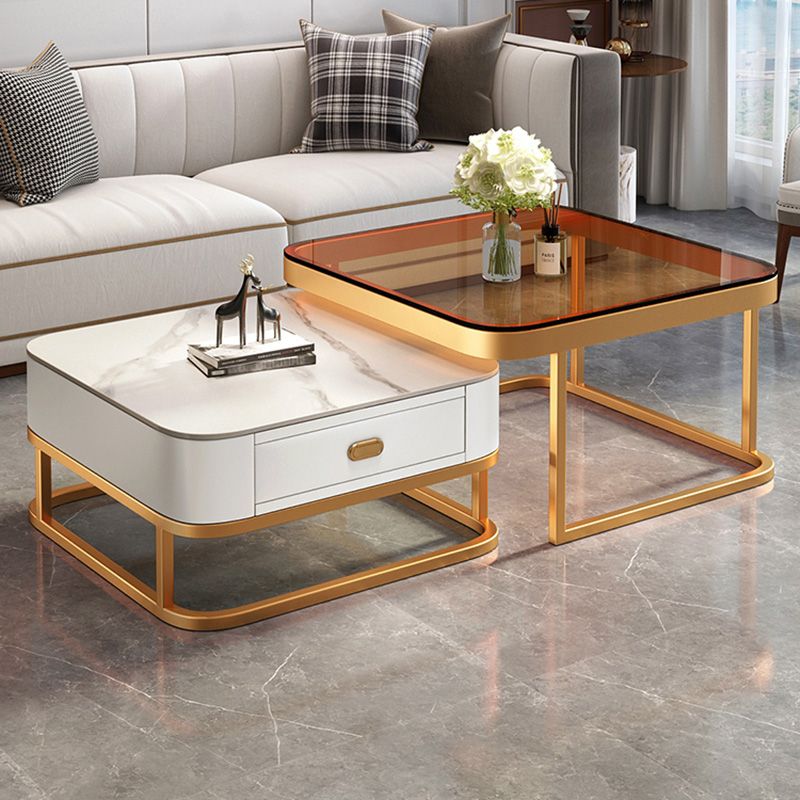 Glam Square Glass / Slate Coffee Table Metal Frame Cocktail Table with Drawer Clearhalo 'Coffee & Accent Tables' 'Coffee Tables' 'coffee_tables' 'furn' 'furn_coffee_tables' 'Furniture' 'Living Room Furniture' 1200x1200_c61ee9e5-8a5d-4cde-acb4-ff5cfc020a33