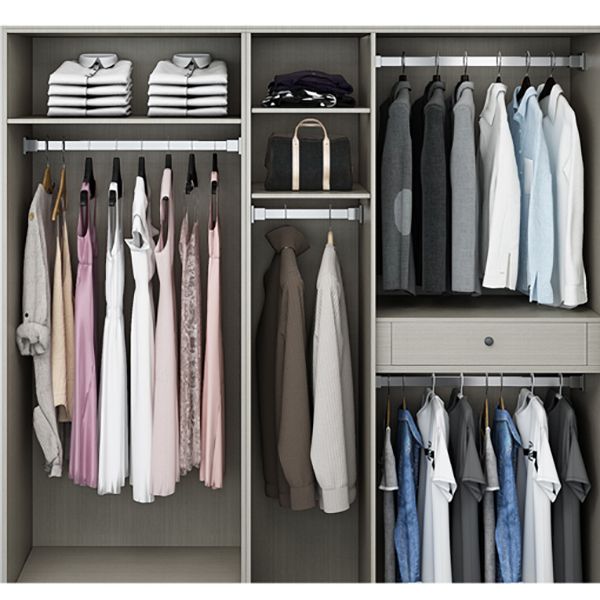 Engineered Wood Armoire Modern Mirrored Grey Wardrobe Closet with Garment Rod