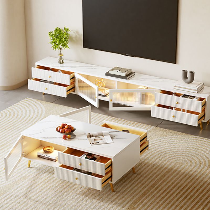Glam Rectangle Solid Wood Coffee Table 4 Legs with 4 Drawers