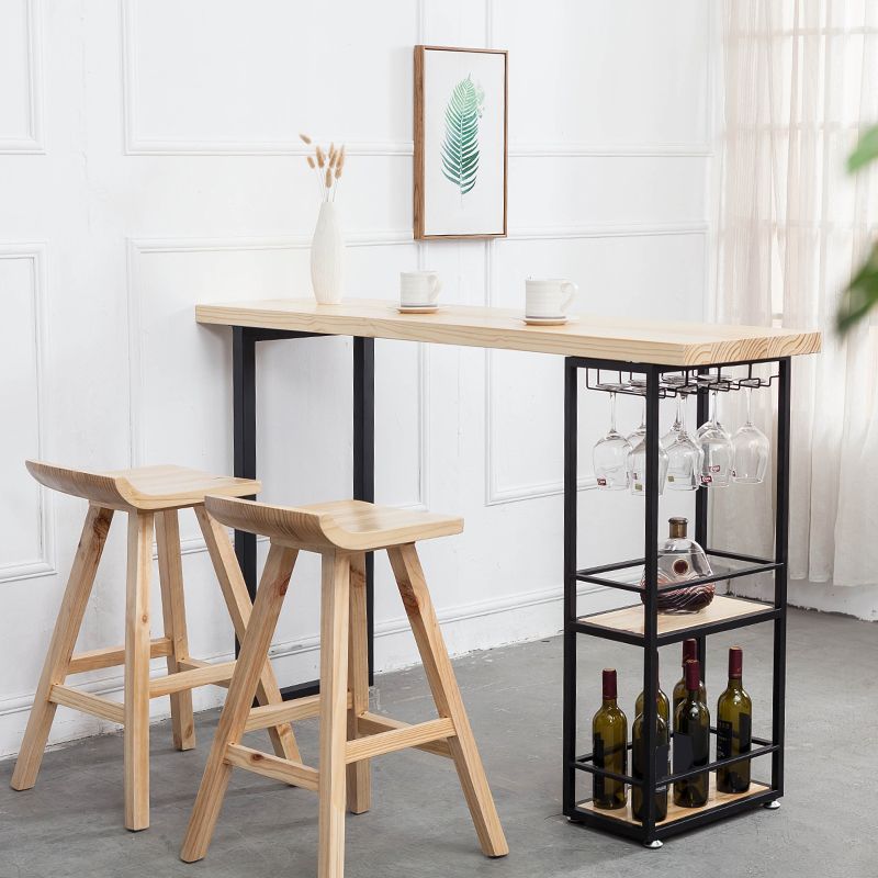 Mesa de comedor rectangular natural, mesa de altura de barra de madera maciza con pedestal y estantes