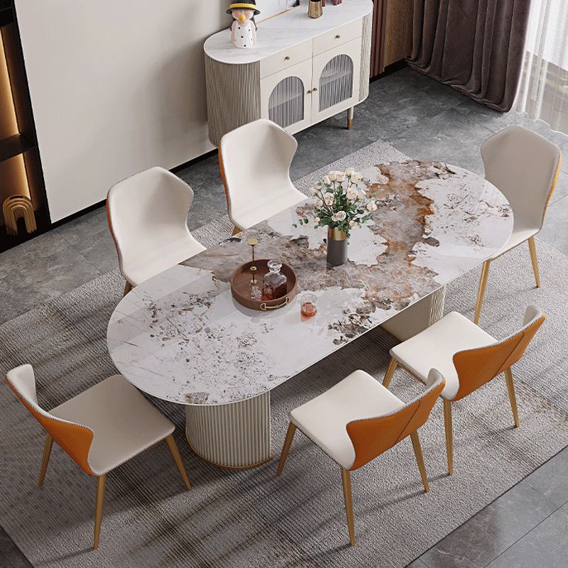 Luxury Sintered Stone Table Oval White Table with Double Pedestal Clearhalo 'Dining Tables & Seating' 'Dining Tables' 'dining_table' 'furn' 'furn_dining_table' 'Furniture' 'Kitchen & Dining Furniture' 1200x1200_c65dde25-b5be-44fa-aa38-9ef10b8d4ee9