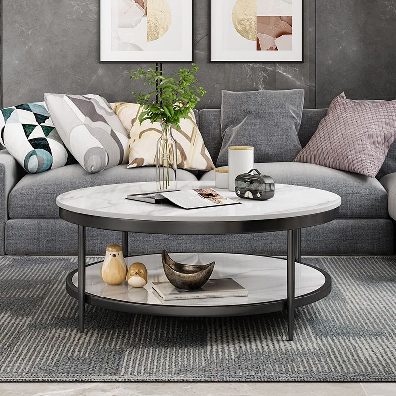 17.7" H Glam Round Slate Coffee Table Metal 4 Legs Cocktail Table with Shelf Clearhalo 'Coffee & Accent Tables' 'Coffee Tables' 'coffee_tables' 'furn' 'furn_coffee_tables' 'Furniture' 'Living Room Furniture' 1200x1200_c672d578-6cbc-46da-b6db-26f4ba3d2920