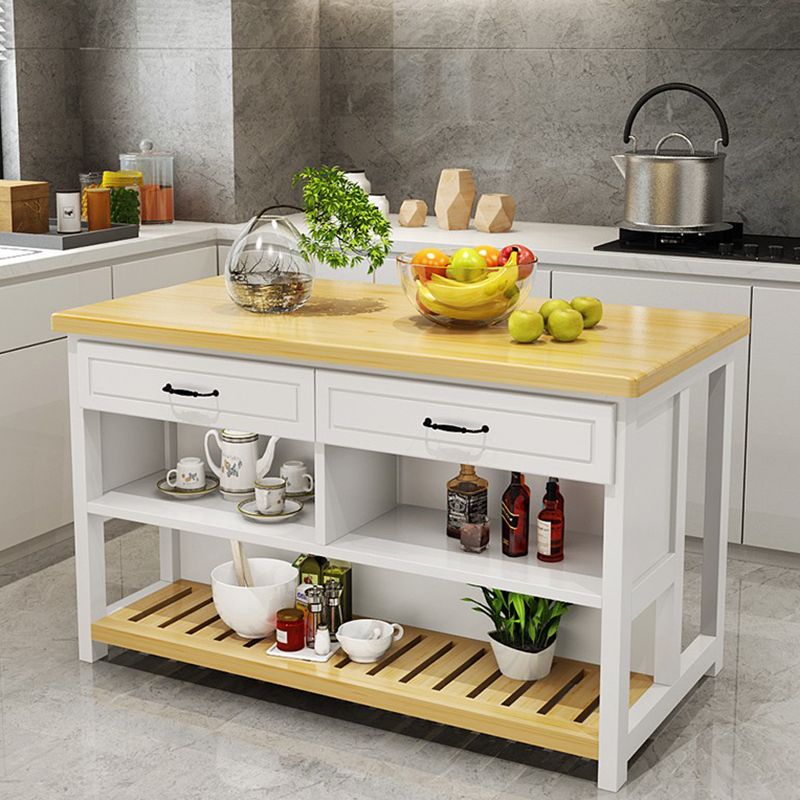 Natural Finish Pine Wood Kitchen Island Table for Dining Room