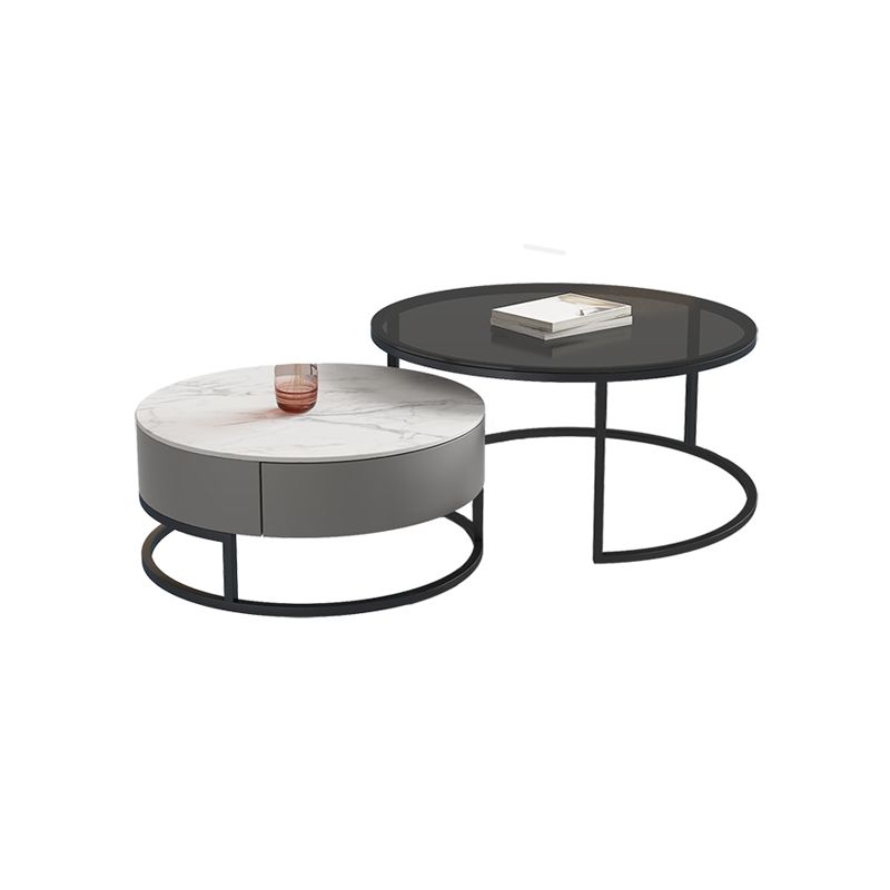 Modern Round Glass & Slate Coffee Table Set Frame Cocktail Table with Drawer Clearhalo 'Coffee & Accent Tables' 'Coffee Tables' 'coffee_tables' 'furn' 'furn_coffee_tables' 'Furniture' 'Living Room Furniture' 1200x1200_c67fa9f1-2345-4332-8099-7f3148c8ef1f