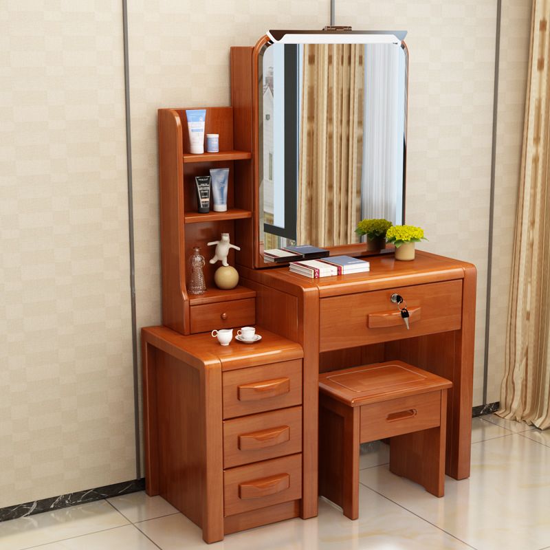 Traditional Solid Wood Make-up Vanity with Mirror and Stool,6 Drawers Clearhalo 'Bedroom Furniture' 'furn' 'furn_makeup_vanities' 'Furniture' 'Makeup Vanities' 'makeup_vanities' 1200x1200_c682f107-88b6-4103-9912-9de654e0fc50