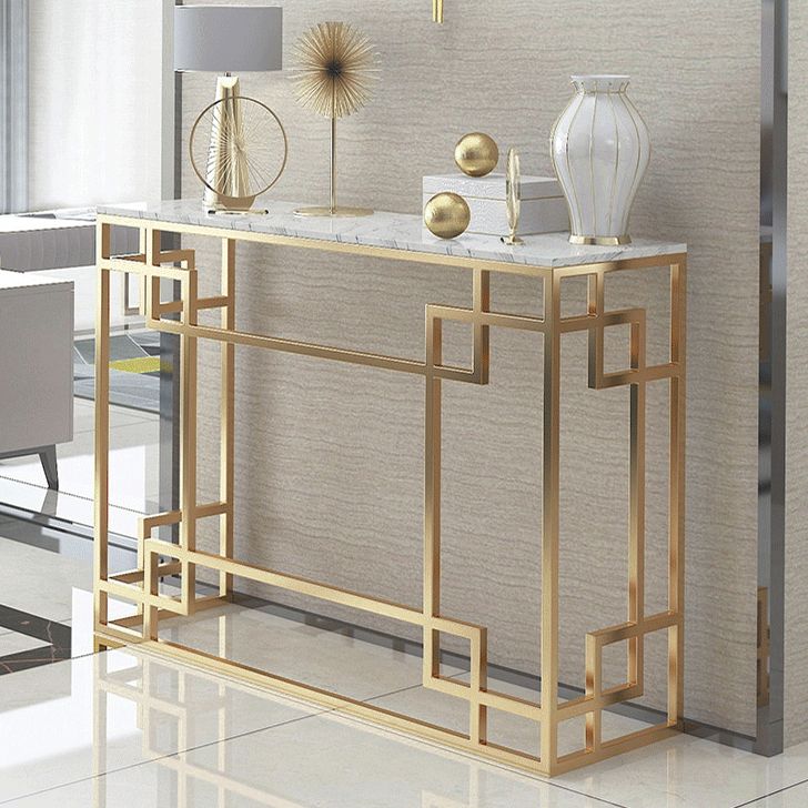 Glam Iron Console Sofa Table Rectangle Marble Console Accent Table for Hall