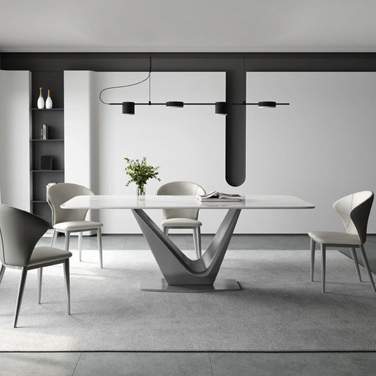Grey Metal Pedestal Base Table Rectangle Sintered Stone Top Dining Table