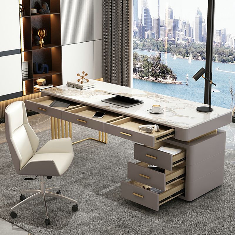 Glam Writing Desk Stone Rectangle 29.53" Tall Office Desk with Drawers Clearhalo 'furn' 'furn_office_desk' 'Furniture' 'Office Desks' 'Office Furniture' 'office_desk' 1200x1200_c6c5257a-164e-4730-b6da-ec8f116473b3