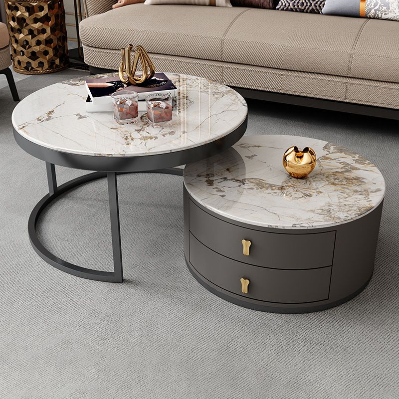 No Distressing Stone Coffee Table Frame Round Nesting Coffee Table Set with 2 Drawers Clearhalo 'Coffee & Accent Tables' 'Coffee Tables' 'coffee_tables' 'furn' 'furn_coffee_tables' 'Furniture' 'Living Room Furniture' 1200x1200_c6d1e792-a8cd-45ab-a07f-80ab94f1b9f0