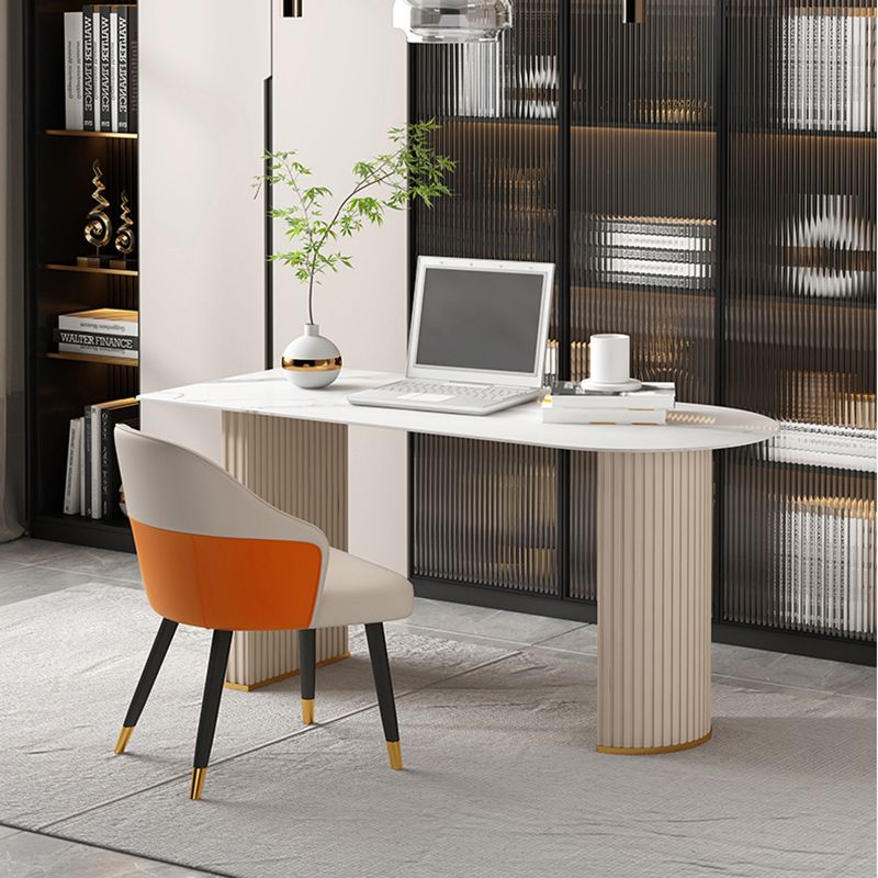 Glam Executive Desk Mirrored Peninsula Writing Desk in White Clearhalo 'furn' 'furn_office_desk' 'Furniture' 'Office Desks' 'Office Furniture' 'office_desk' 1200x1200_c6e44e8f-3db9-4c0a-aaed-f54e0fc431a3