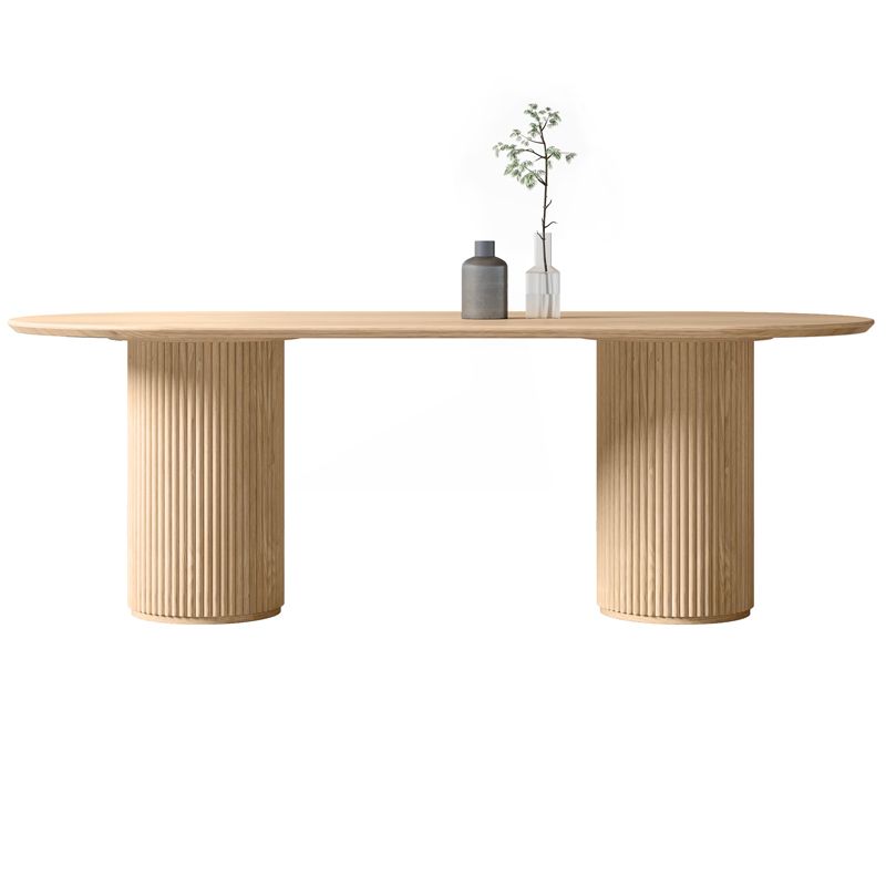 Natürlicher ovaler Esstisch aus massivem Kiefernholz, moderner Tisch mit Doppelsäule
