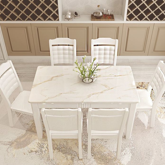 Contemporary Style Marble Dining Set with White Fixed Table and 4 Legs Base for Home Use Clearhalo 'Dining Room Sets' 'Dining Tables & Seating' 'dining_room_set' 'furn' 'furn_dining_room_set' 'Furniture' 'furniture_dining_room_set' 'Kitchen & Dining Furniture' 'kitchen&dining_furn' 'kitchen' 1200x1200_c71ba980-0e74-40aa-9339-45a12ad33473