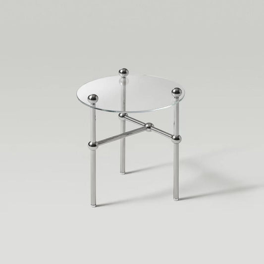 Tavolino rotondo contemporaneo con top in vetro e gambe in acciaio in chiaro