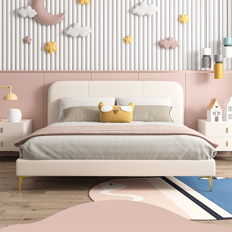 Glam Genuine Leather Bed Frame White Upholstered Low Profile Standard Bed