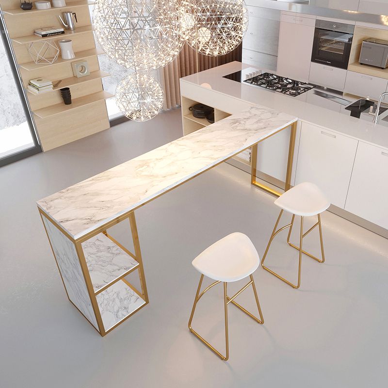 Glam Rectangle Faux Marble Bar Table Double Pedestal Bar Table with 2-Shelf, Only Table Clearhalo 'Bar Furniture' 'Bar Tables' 'bar_tables' 'furn' 'furn_bar_tables' 'Furniture' 'furniture_bar_tables' 'Kitchen & Dining Furniture' 1200x1200_c74d5f45-bff4-4e71-872c-54ed19e3f557