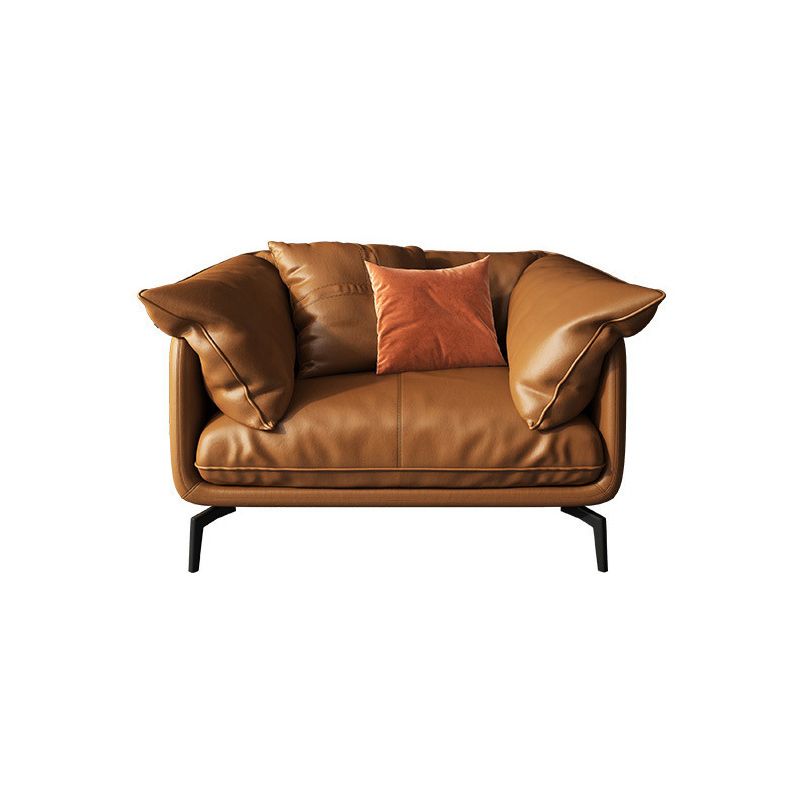 Modern Pillow Back Sofa Orange Genuine Leather Tuxedo Arm Sofa
