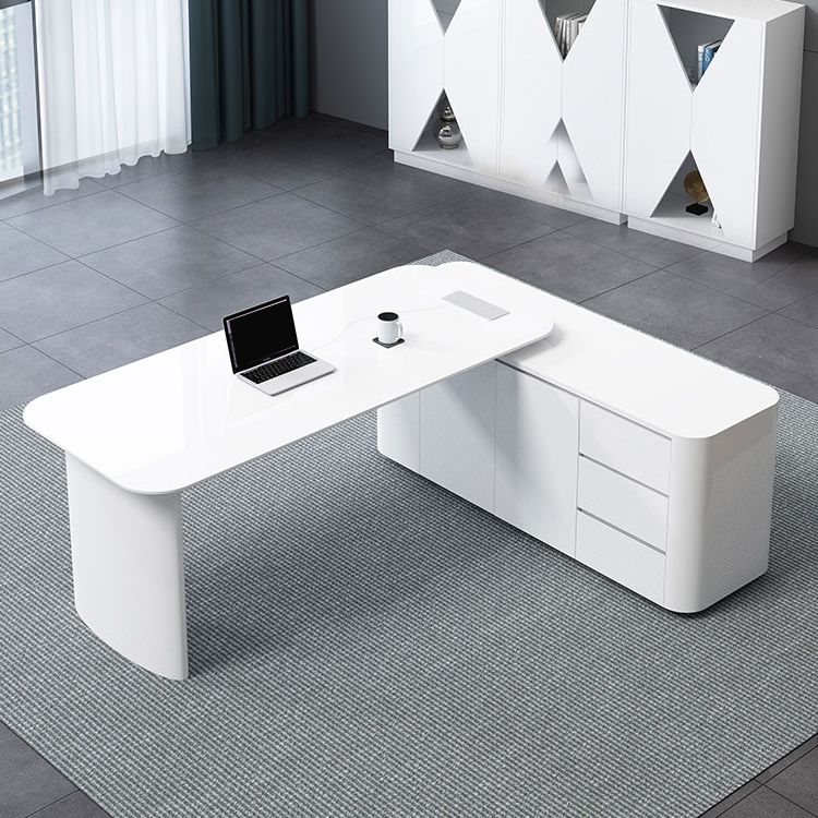 Cabinet de bureau exécutif blanc contemporain Piédestal de bureau en forme de forme en L