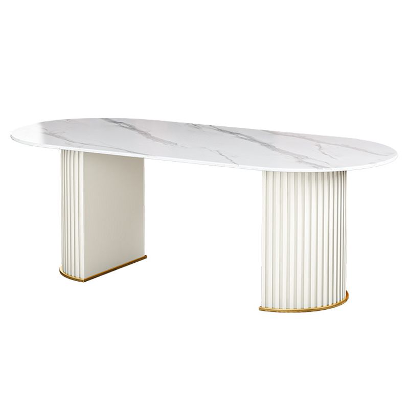Oval Sintered Stone Dining Table Modern Table in White with Metal Double Pedestal Base Clearhalo ' dining_table' 'Dining Tables & Seating' 'Dining Tables' 'furn' 'furn_dining_table' 'Furniture' 'furniture_dining_table' 'Kitchen & Dining Furniture' 'kitchen&dining_furn' 'kitchen' 'kitchen_dining_table' 1200x1200_c78dd213-2182-4ae3-836a-c94ca965f5a6