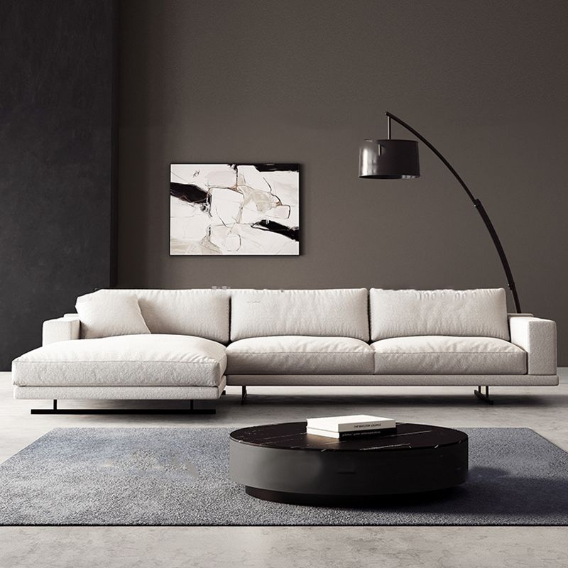 Square Arm Linen Sofa with Chaise Contemporary 4-Steater Loose Back Sofa in White Clearhalo 'furn' 'furn_sectionals' 'Furniture' 'Living Room Furniture' 'Sectionals' 1200x1200_c78ddf8c-ca90-456b-b508-8083a6adc2df