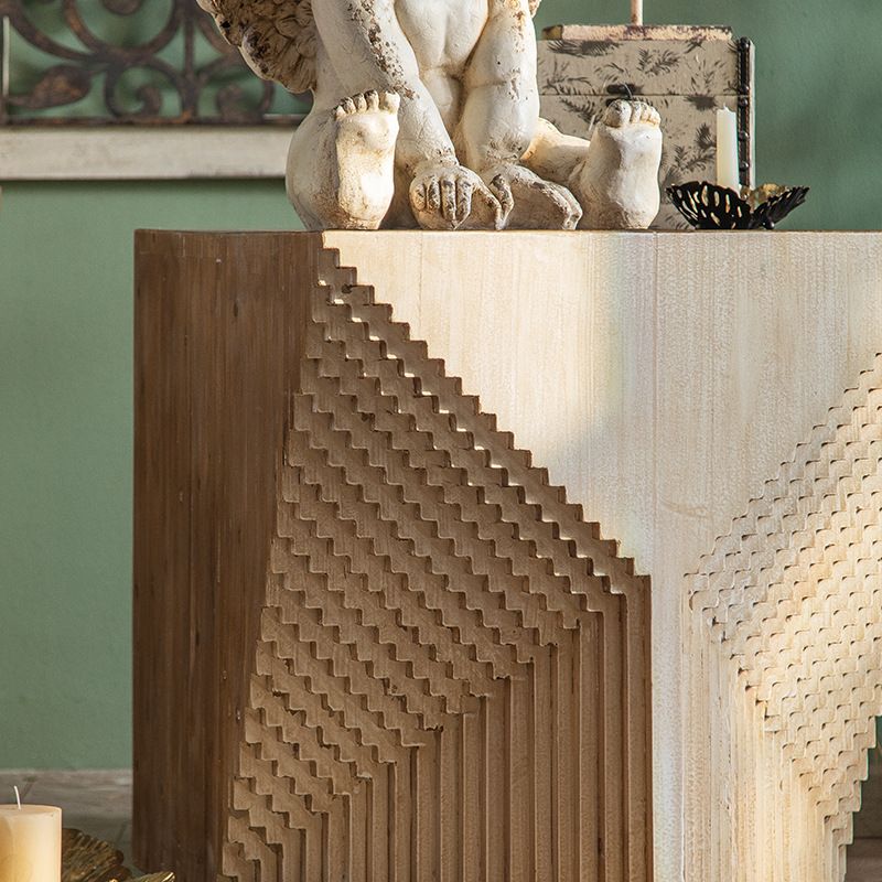 Solid Wood Drum End Table Rustic Engraved Design Accent Side Table