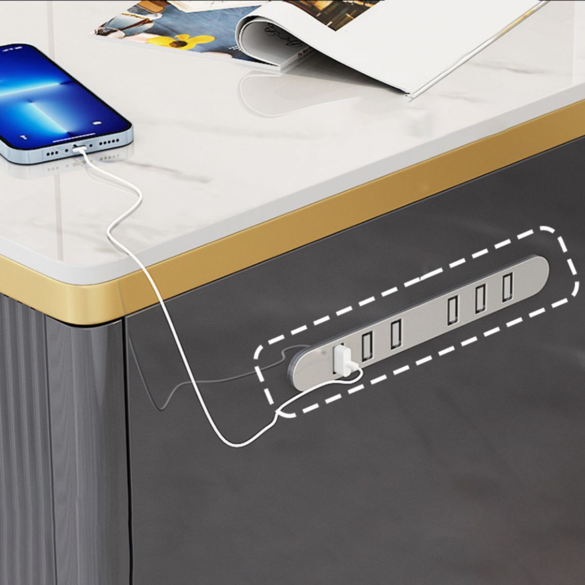 Rechthoekig ijzer 4 poten bijzettafel met twee ladjes eindtafel in grijs/zilver