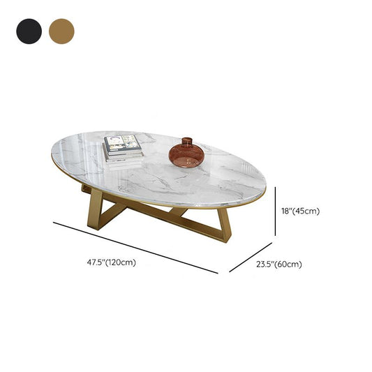 Oval Marble Top Coffee Table with Iron Cross Base Cocktail Table in White