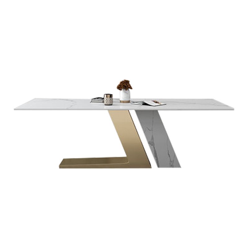Mesa de rectángulo de base de metal dorado Mesa de comedor de piedra sinterizada en blanco y negro moderno