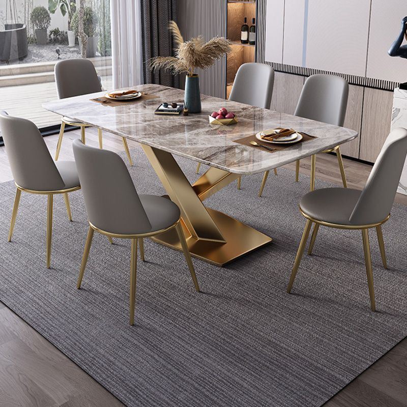 Mesa de comedor rectangular moderna, mesa superior de piedra gris brillante para el hogar