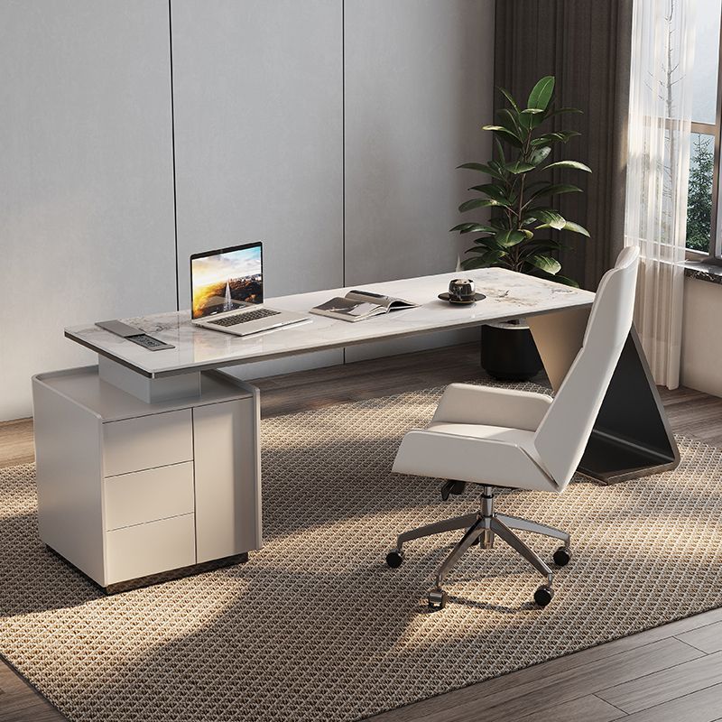 Modern Stone Office Desk Rectangular Shape Task Desk with Drawers in White Clearhalo 'furn' 'furn_office_desk' 'Furniture' 'Office Desks' 'Office Furniture' 'office_desk' 1200x1200_c82ae5dd-f099-45e5-9592-34b0f3bd3c3e