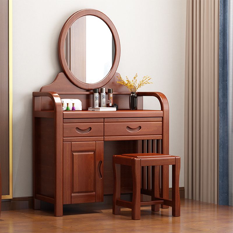 Tradizionale tavolo da toeletta in legno massiccio a 2 cassetti con sgabello da vanità per trucco a specchio