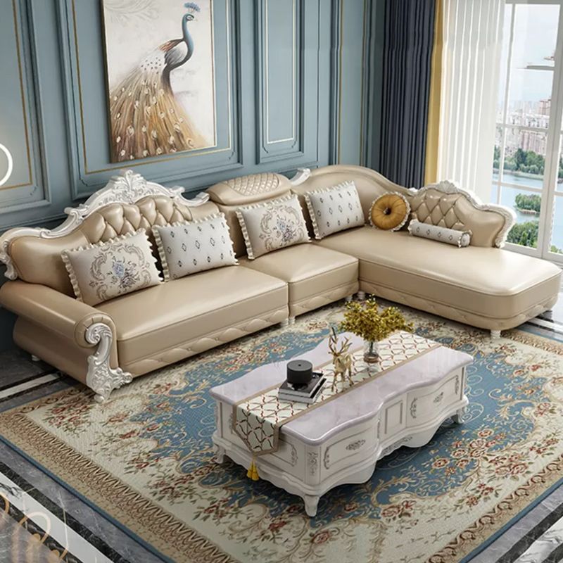 Tufted Scroll Arm Chesterfield Sofa and Chaise Genuine Leather Sofa with Pillows Clearhalo 'furn' 'furn_sectionals' 'Furniture' 'Living Room Furniture' 'Sectionals' 1200x1200_c86c6c62-78db-4d0c-9a66-319f677eaec1